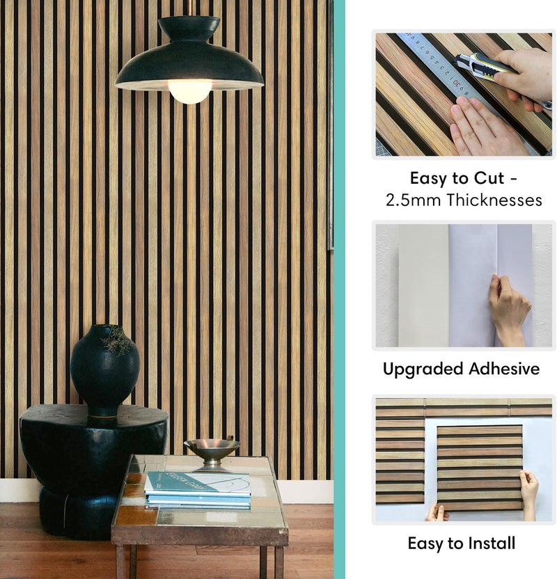 Commomy 10 Pcs 3D Faux Wood Slat Wallpaper Peel and Stick - 11.8"x11.8" Peel and Stick Wood Tiles Ultralight PVC Wall Paneling for Bedroom, Bathroom, Kitchen Backsplash, Farmhouse Interior Decor - Image 5